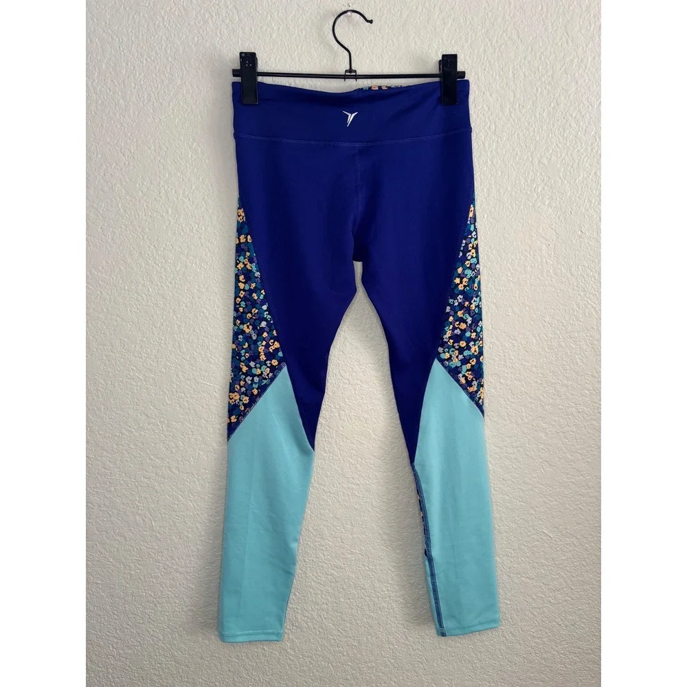 Old Navy Active Leggings L (10-12) New Floral Go-Dry Blue Colorblock Tights